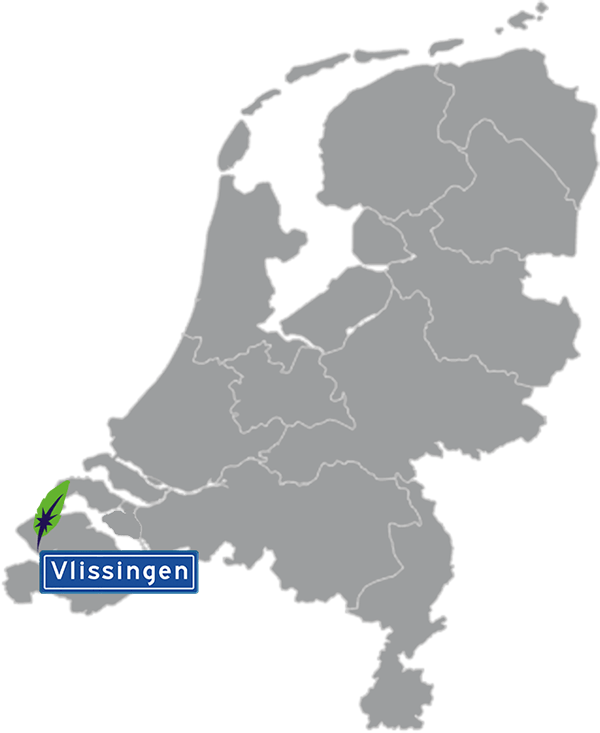 Grijze kaart van Nederland met Vlissingen aangegeven voor maatwerk taalcursus Spaans zakelijk - blauw plaatsnaambord met witte letters en Dagnall veer - transparante achtergrond - 600 * 733 pixels
